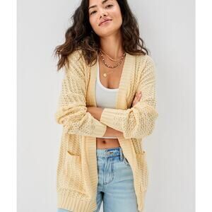 AMERICAN EAGLE Open Knit Crochet Cardigan Sweater Butter Yellow Small S